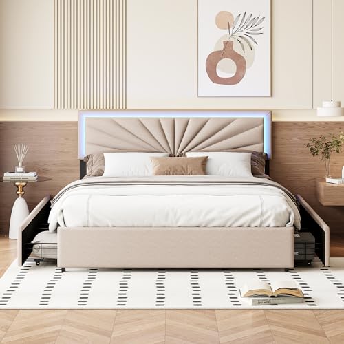 Yolasoly Polsterbett Doppelbett 160x200cm,LED Doppelbett mit höhenverstellbares Kopfteil und 4 Schubladen,Stauraumbett Rückenlehne Bettgestell für Teenage&Adult,Beige Yolasoly Polsterbett Doppelbett 160x200cm,LED Doppelbett mit höhenverstellbares Kopfteil und 4 Schubladen,Stauraumbett Rückenlehne Bettgestell für Teenage&Adult,Beige von Yolasoly