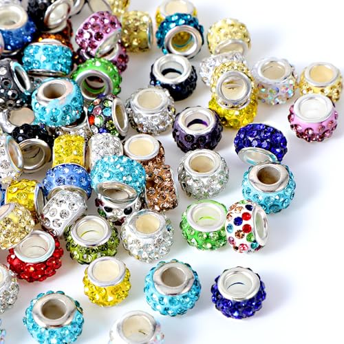 100 Stück Strass Europäische Perlen Großlochperlen Bunte Crystal Pave Spacer Perlen Europäische Abstandshalter aus Polymer Ton Charms für DIY Handwerk Halsketten Schmuck von Yolev