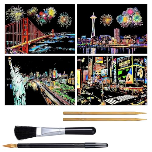 4 Stück Kratzkunst für Erwachsene Kratzbilder Set Scratch Paper Regenbogen Painting Nachtszene Landschaft Kratzpapier A4 Kratzmalerei Kassette Kratzmalwerkzeug Kreatives DIY Kunsthandwerk Kratzbild von Yolev