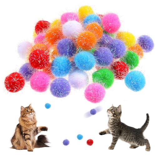 60 Stück Spielball Glitzer Katze Bunte Katzenspielzeug Plüschbälle Plüschbälle für Katzen Katzenspielzeug Ball Pompons zum Basteln Lametta für Katzen Interaktives Spielzeug Bälle Innenräume von Yolev