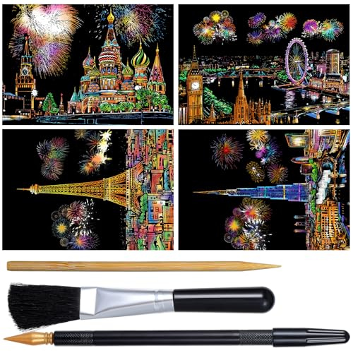 4 Stück Kratzkunst für Erwachsene Kratzbilder Scratch Paper Rainbow Painting Sketch Nachtszene Landschaft Kratzpapier A4 Kratzmalerei Kassette Kratzmalwerkzeug Kreatives DIY Kunsthandwerk Kratzbild von Yolev