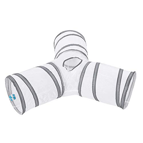 YolieraArt 3-Wege-faltbarer Katzentunnel, Polyester-Haustier-Spielröhre mit Einstiegsball, zusammenklappbares interaktives Spielzeug für Indoor-Katzen, Multi-Entry Design für Übung (Weiß) von YolieraArt