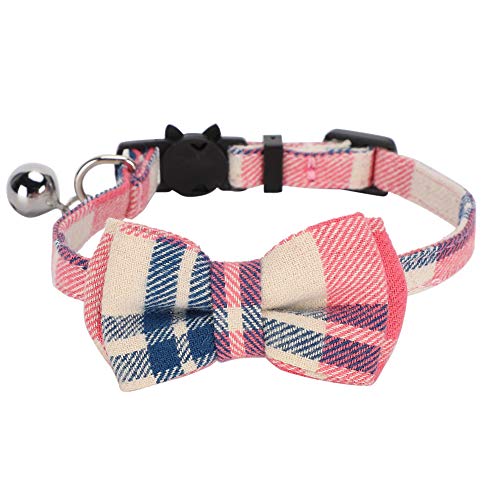 YolieraArt Kariertes Katzenhalsband mit Fliege und Glöckchen, verstellbares weiches Stoff-Haustierhalsband, niedliches Kätzchen-Nackenband, einfaches Schnallen-Design für Katzen und kleine Hunde (rosa von YolieraArt