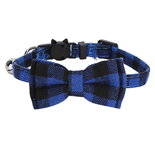 YolieraArt Kariertes Katzenhalsband mit Fliege und Glöckchen, verstellbares weiches Stoff-Haustierhalsband, niedliches Kätzchen-Nackenband, einfaches Schnallen-Design für Katzen und kleine Hunde (blau von YolieraArt
