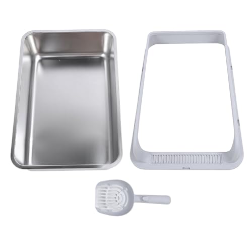 YolieraArt Katzentoilette aus Edelstahl, hochseitig, spritzwassergeschützt, extra groß, halbgeschlossen, stabiles Metall, leicht zu reinigen, mit Schnallen-Design, für Indoor-Katzen (L) von YolieraArt