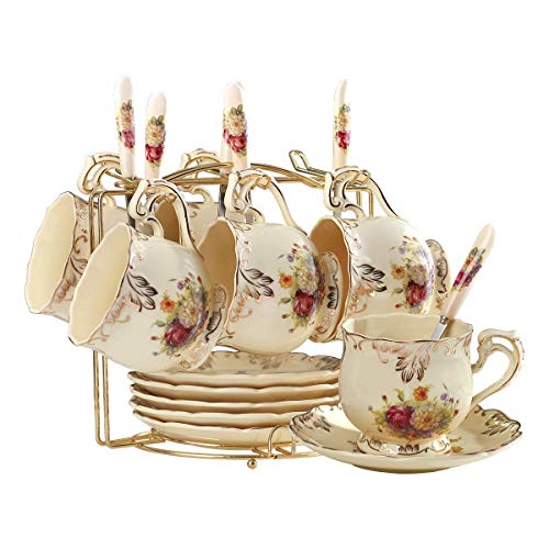 YOLIFE 6 Stück Teetassen & Untertassen Set, Zahnpasta Floral, 220ml Teetassen, Porzellan, für Tee-Kaffee, Teetassen Set mit Ständer von Yolife