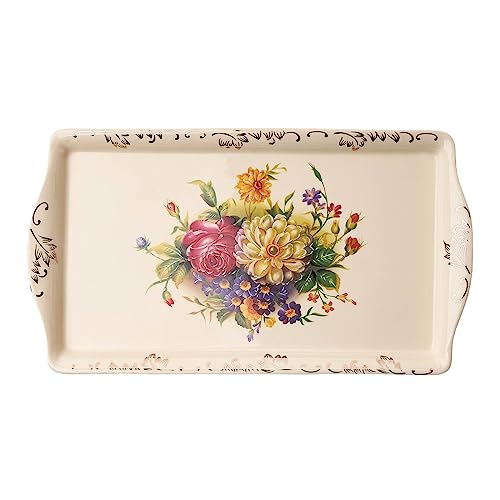 Yolife Serviertablett aus Keramik, Blumensträucher, elfenbeinfarben, 34,3 cm von Yolife