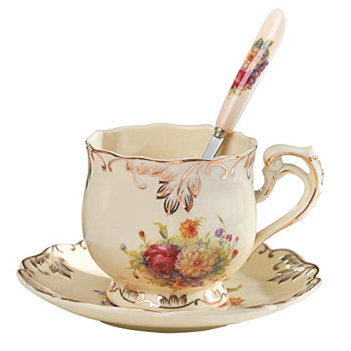 Yolife Teetasse und Untertasse aus Keramik 200 ML, Vintage Blumendesign, elfenbeinfarben von Yolife