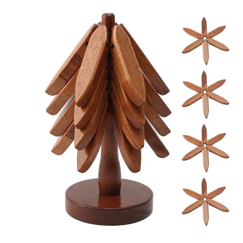 Holzteller Hitzebeständiger topfuntersetzer Holz, 4 Stück Holzuntersetzer für Heiße Gerichte, Faltbare Untersetzer in Baumform, 4 Untersetzer + 1 Ständer Weihnachtsbaum Förmige für heiße Töpfe von Yolispa