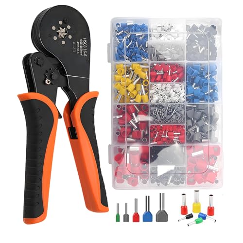 Yolispa Aderendhülsenzange Set, Crimpzange 0.08-16mm² Set mit 1200 stück Twin und Einzeilige Aderendhülsen Set, Sechskant Crimpzange Industrieeinsatz für Isolierte Unisolierte Crimpverbinder von Yolispa