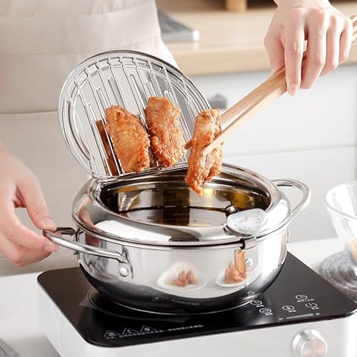 Yolispa Frittiertopf mit Sieb, Japanischer Frittiertopf aus Edelstahl Mit Thermometer und Deckel Für Pommes Frites, Hühnerflügel Und Garnelen (20cm) von Yolispa