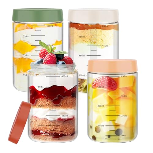 Yolispa Overnight Oats Gläser, 4 Stück 750ML Meal Prep Gläser mit Deckel und Messmarkierungen, Auslaufsicheres Glas Lebensmittel Lagerung Gläser für Snacks und Joghurt von Yolispa