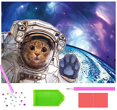 Diamond Painting, 5D Diamant Painting Bilder Astronaut Kätzchen, Diamant Malerei Malen Nach Zahlen Full Drill Kristall Set, Diamant Painting Kits als Geschenk und Home Wand Dekor, 30x40cm von Yolistar