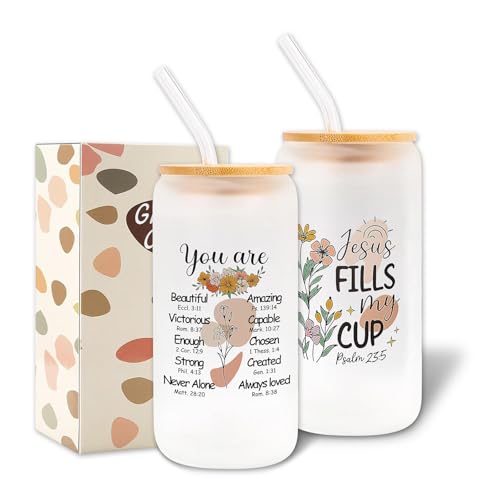 Yoljun Christliches Geschenkglas, 16OZ Glas Trinkbecher Mit Deckel und Strohhalm, Hochwertiges Glas für Heiß- und Kaltgetränke Eiskaffee Cocktails für Freund und Christen Geschenke von Yoljun