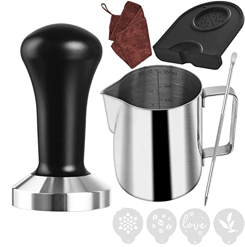 Yolococa 51mm Kaffee Tamper Set 304 Edelstahl Base Kaffeepresse Espresso Tamper mit Tampermatte, Milchkännchen, Barista Handtuch, Latte Art Stift und Dekoschablonen von Ezebesta