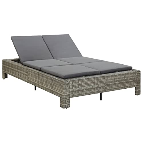 Yolola 2-Personen-Sonnenliege Verstellbar Gartenliege Garten Rattanliege Doppelliege Gartenliege Rattanliege Loungebett Outdoor Liegestuhl Sonnenliege Draußen Gartenmöbel mit Auflage Grau von Yolola