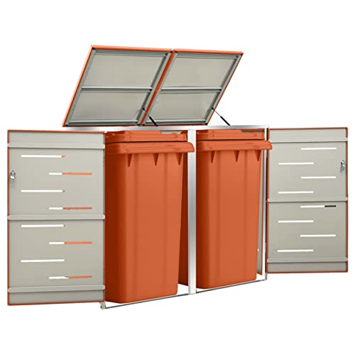 Yolola Edelstahl Mülltonnenbox 2er Mülltonnenverkleidung 2 Tonnen Metall Müllcontainer Mülltonnenschrank Müllbox Draußen,Abschließbar, Deckel und FedernOrange 2 Tonnen-138 x 77.5 x 115.5 cm von Yolola