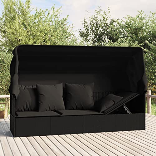 Yolola Gartensofa mit Dach und Kissen Gartensofa 3-Sitzer Rattan Sofa Balkonmöbel Lounge Sofa Outdoor Balkonsofa Sonnenliege Gartenmöbel Sonneninsel Gartenliege Lounge Gartenbank Gartenbett Schwarz von Yolola
