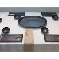 Weihnachtsgeschirr-Set, Rechteck-Geschirr, Steingut-Geschirr, Handgefertigtes Ess-Set, Schwarze Keramik-Geschirr-Set Für 6 von YomYomCeramic