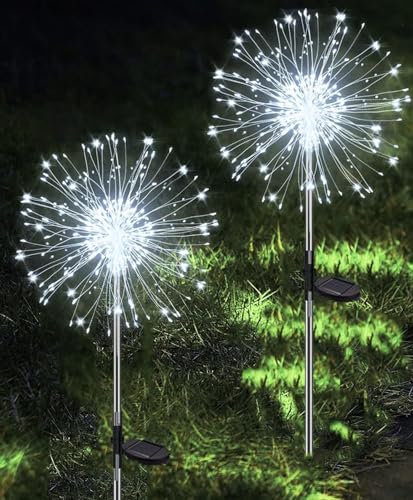 Yomistar Gartendeko Solar Gartenleuchte Außen, 2 Stück 120 LED Solarleuchten Feuerwerk, 8 Modi Solar Pusteblume Gartenstecker Wasserdicht Solarlampen für Garten Balkon Terrasse - Kaltweiß von Yomistar