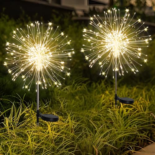 Yomistar Solarleuchten für außen 2 Stück 150 LED Gartenleuchten Solar, 8 Modi Solar Gartenstecker Wasserdicht Solarleuchten Feuerwerk Solar Pusteblume für Terrasse Rasen Garten Deko von Yomistar
