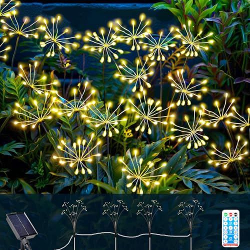 Yomistar Gartenleuchten Solar 4 Stück 160 LED Solarleuchten für Außen mit Fernbedienung, 8 Modi Solar Gartenleuchten Wasserdichtes Solarleuchte Feuerwerk für Patio Hof Rasen Deko (Warmeweiß) von Yomistar