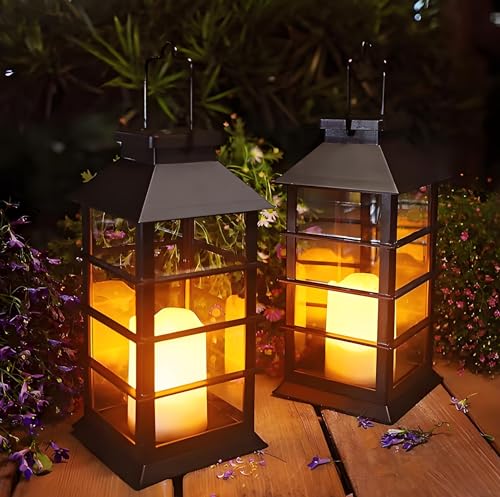 Yomistar Solarlaterne für Außen 2 Stück Solarlampen Garten mit Flammeneffekte Kerze, Hängend Solar Laternen IP44 Wasserdicht Solar Tischlampe Outdoor, Solarleuchten für Terrasse Balkon Pavillon Deko von Yomistar