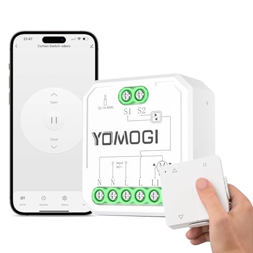 YOMOGI Wlan Rolladenschalter mit RF Fernbedienung verbunden, Wlan Rolladen Zeitschaltuhr für Rollläden/Jalousien/Markisen benötigt Nullleiter, Kompatibel mit Alexa & Google & Siri - 1 Stück von Yomogi