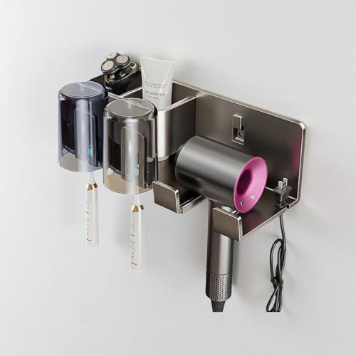 Yomotay Fönhalter Wand Ohne Bohren, Föhn Halterung mit 2 Fächern & 2 Zahnbürstenhalter, Fönhalterung Bad Edelstahl Haartrockner Organizer für Badezimmer, Barbershop, Hotel - Grau Yomotay Fönhalter Wand Ohne Bohren, Föhn Halterung mit 2 Fächern & 2 Zahnbürstenhalter, Fönhalterung Bad Edelstahl Haartrockner Organizer für Badezimmer, Barbershop, Hotel - Grau von Yomotay