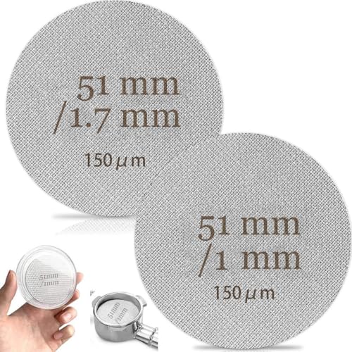 Yomotay Puck Screen 51mm, 2 Pcs Espresso Sieb für Siebträger Wiederverwendbar Kaffeefilterplatte, Professional Kaffee Siebträgersieb 1mm/1.7mm Dicke 150um Kaffee Puck Sieb Filter mit Aufbewahrungsbox von Yomotay