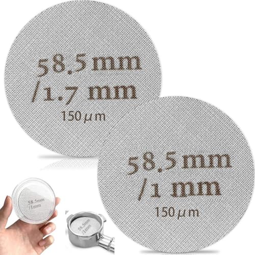 Yomotay Puck Screen 58.5mm, 2 Pcs Espresso Sieb für Siebträger Wiederverwendbar Kaffeefilterplatte, Professional Puck Screen 1mm/1.7mm Dicke 150um Kaffee Puck Sieb Filter mit Aufbewahrungsbox von Yomotay