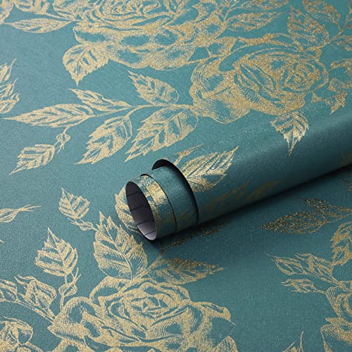 Yomshi Seeblau Blumentapete 44cm×6m Selbstklebende Goldene Blume Blätter Tapete Selbstklebend Dekorative Möbelfolie Klebefolie Möbel Romanze Abnehmbare Tapete Vinyl für Möbel Wand Tischplatten von Yomshi