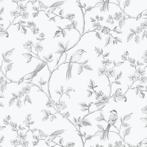 Yomshi Weiße selbstklebende Tapete, Vogel, Blumenmuster, 39,5 x 500 cm, selbstklebende Rückseite, Kunststoff-Vinyl, entfernbare Tapete, dekorativ für Wohnzimmer, Schlafzimmer, Wandtisch, dicke von Yomshi