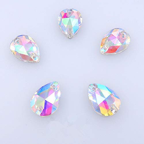 Tropfenförmige Kristall-AB zum Aufnähen, mit 2 Löchern, für Hochzeitskleid, 7 x 12 mm, Weiß von YongPan