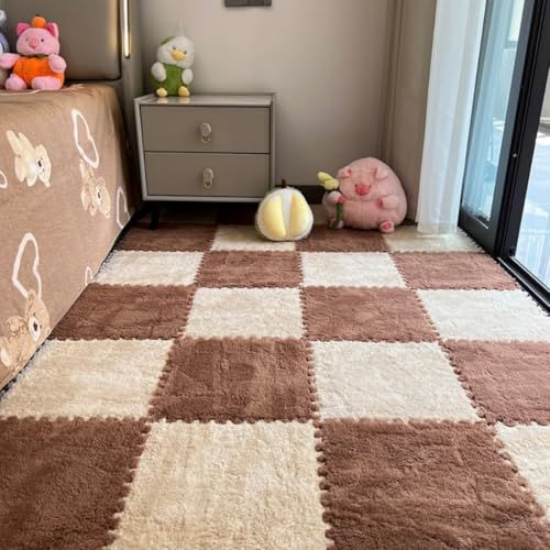 12 ineinandergreifende Teppichfliesen – Plüschschaum-Puzzle-Bodenmatten, flauschig, weich, quadratisch, rutschfest, schneidbar, Schutzboden für Schlafzimmer, Wohnzimmer, Spielzimmer, Tatami von YongXinMY