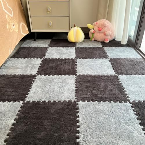 12 ineinandergreifende Teppichfliesen – Plüschschaum-Puzzle-Bodenmatten, flauschig, weich, quadratisch, rutschfest, schneidbar, Schutzboden für Schlafzimmer, Wohnzimmer, Spielzimmer, Tatami von YongXinMY