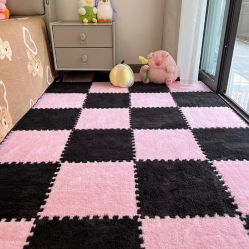 12 ineinandergreifende Teppichfliesen – Plüschschaum-Puzzle-Bodenmatten, flauschig, weich, quadratisch, rutschfest, schneidbar, Schutzboden für Schlafzimmer, Wohnzimmer, Spielzimmer, Tatami von YongXinMY