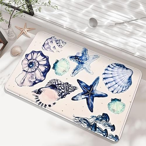 YongXinMY Badezimmerteppich mit Meeresmotiv: nautischer Stil, saugfähige Plüschmatte, Seesternmuschel, Krabbe, Garnelen-Design, maschinenwaschbar, rutschfester Teppich für Dusche, Eingangsbereich von YongXinMY