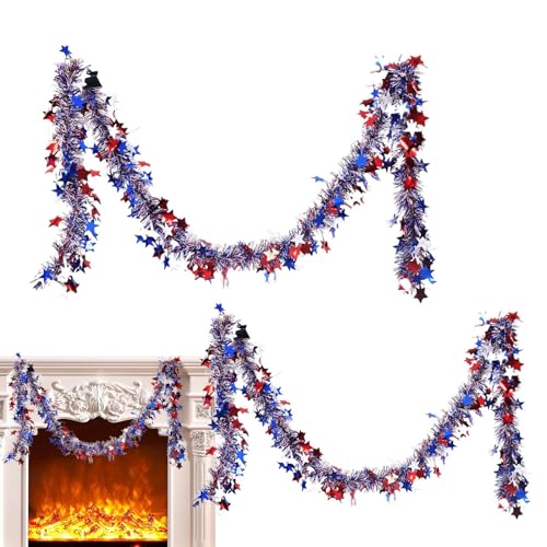 Patriotische Girlande, patriotische rot-weiß-blaue Sterngirlande für den 4. Juli, 2 x Feiertagsdekorationen, hängende Parade-Ornamente, glitzerndes glänzendes Lametta für Gedenktag Patriotische Girlande, patriotische rot-weiß-blaue Sterngirlande für den 4. Juli, 2 x Feiertagsdekorationen, hängende Parade-Ornamente, glitzerndes glänzendes Lametta für Gedenktag von Yongany