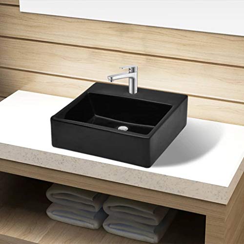 Keramik Waschbecken mit Hahnloch, Yongdu Aufsatzwaschbecken, Bathroom Sink, Waschtisch, Ablaufgarnitur, Aufsatzbecken, schwarz quadratisch von Yongdu