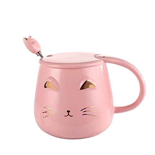 Tasse Katze,Süße Kitty, Keramik tasse mit Deckel und Edelstahl-Löffel, für Katzenliebhaber, Frauen und Mädchen，Weihnachten Becher Geschenk （Rosa） von Yongheng