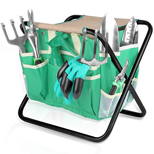 Yongkist 9-teiliges All-in-One-Gartengeräte-Set, robuste Aluminiumgusslegierung, Gartenwerkzeug-Set mit Klapphockersitz und Abnehmbarer Canvas-Werkzeugtasche, Rutschfester Gummigriff, von Yongkist