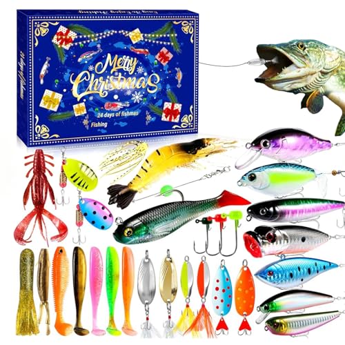 Yongmcxhhj Fishing Calendar Advent | 24 Tage Weihnachtskalender mit Barsch Ködern Countdown Kalender | Schwimmköder für Angler Männer Salzwasserangler | Geschenkideen Väter Outdoor Abenteuer Meer von Yongmcxhhj