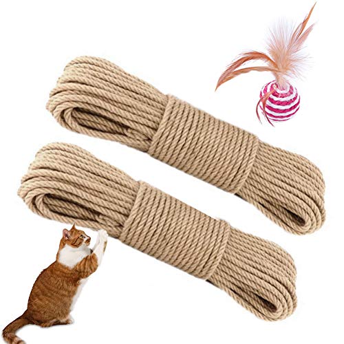 Yontree 2 Rollen Katzensisalseil mit Katzenbällen, Katzenkratzseil Dickes Hanfseil für DIY Katzenkratzbaum, Garten Bündeln & Heimdekoration, Handwerk Jute Schnur (10 m/6 mm) von Yontree