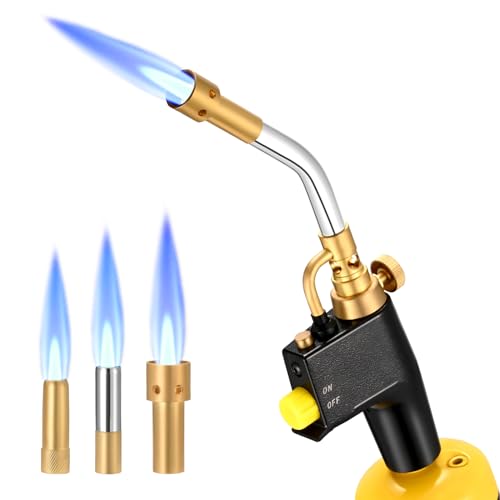 Yontwe Hochintensität Propan Torch Kit GJ-8000 Abzugsstart-Mapp-Gasbrenner mit Selbstzündung und Messingknopf-Schweißbrenner mit 3 Düsen für MAPP CGA600-Gewindeanschluss von Yontwe