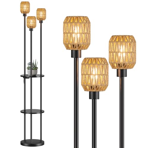YooShine Stehlampe Wohnzimmer 3-flammige Vintage Stehleuchte mit Regal & Rattan-Lampenschirm, Enthalten Leuchtmittel, Boho Stehlampe mit Knopfschalter für Schlafzimmer und Büro von YooShine