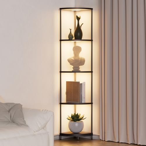 YooShine Stehlampe mit Regal Dimmbar 2700K-6500K stehlampe wohnzimmer 4 Farbtemperaturen 6 Farben Standleuchte mit 4 Holzregal und Fernbedienung für Schlafzimmer Ecke Wohnzimmer Büro von YooShine