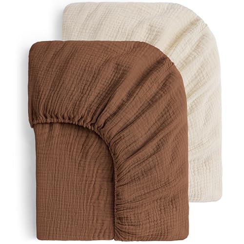 Yoofoss 2er Set Bettlaken 70x140 cm Kinderbett Kinder Spannbettlaken Kinderwagen Musselin-Baumwolle Reisebett Spannlaken Beistellbett Leintücher für Babybett und Kinderbet (Beige Braun) von Yoofoss