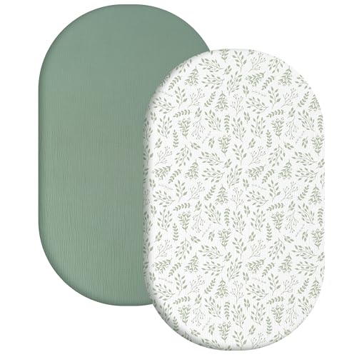 Yoofoss 2er Pack Musselin-Baumwolle Bettlaken Spannbettlaken Kinderwagen Beistellbett 82x42 cm Stubenwagen Matratzenschoner für Laufgitter Babybett (Grün Laub) von Yoofoss