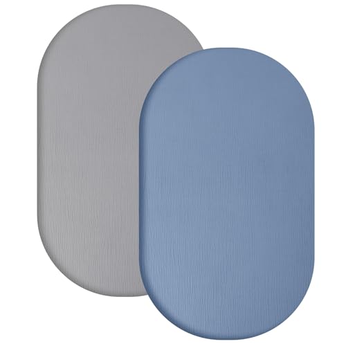 Yoofoss 2er Set Musselin-Baumwolle Spannbettlaken Kinderwagen Baby Bettlaken Beistellbett 90x55 cm Stubenwagen Matratzenbezug für Babybett(Grau Blau) von Yoofoss